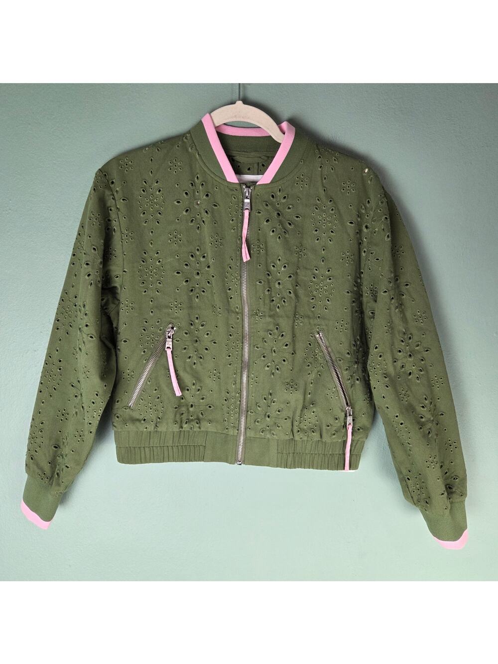 Anthropologie Avec Les Filles Womens XS Green Eyelet Bomber Jacket Zip Spring